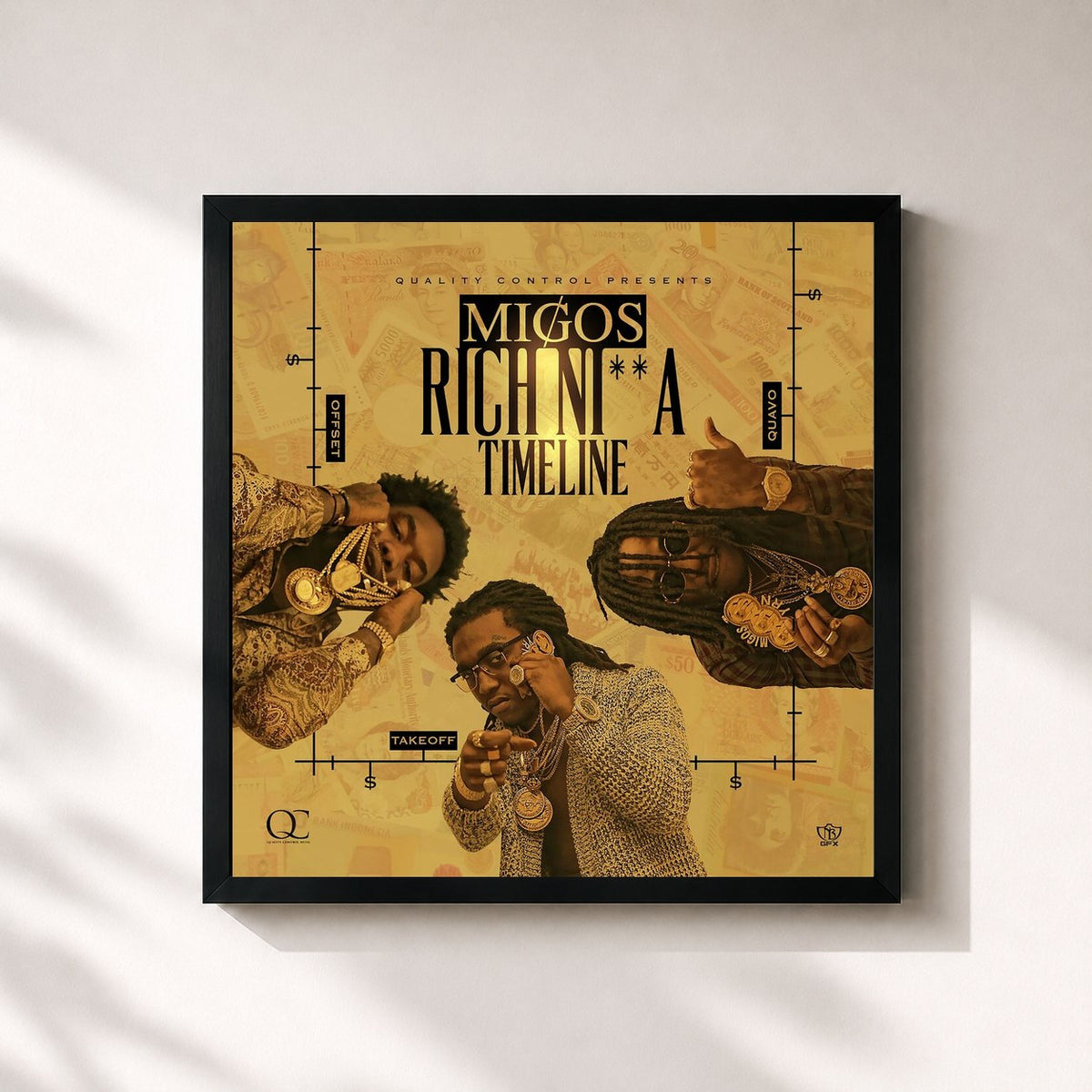 #noir Tableau carré de l'album Rich Ni**a Timeline de Migos, cadre noir 32x32 cm