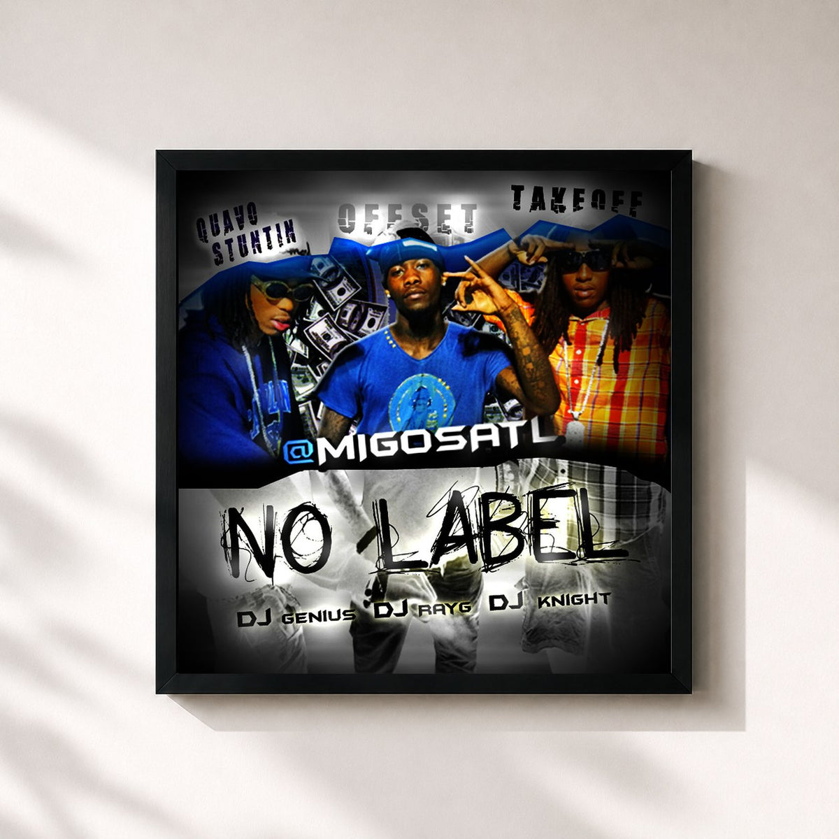 #noir Tableau carré de l'album No Label de Migos, cadre noir 32x32 cm