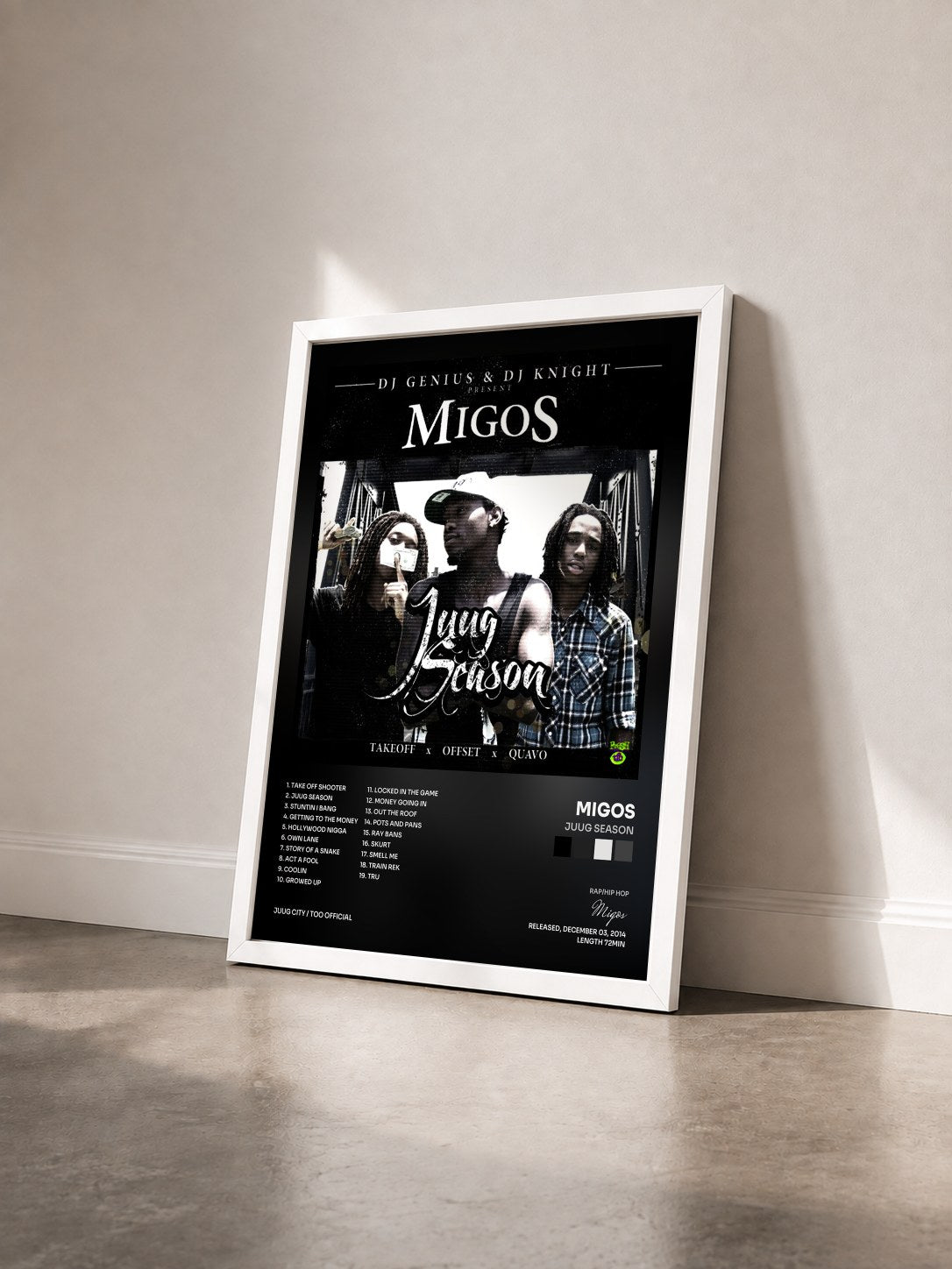 #blanc Tableau de l'album Juug Season de Migos vu de trois quarts, cadre blanc