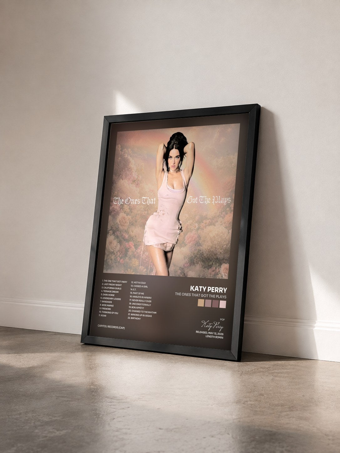 #noir Tableau de l'album The Ones That Got The Plays de Katy Perry vu de trois quarts, cadre noir