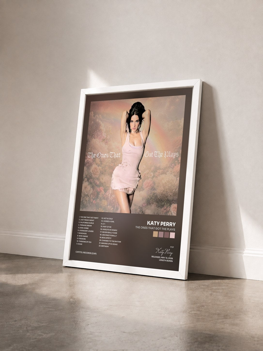 #blanc Tableau de l'album The Ones That Got The Plays de Katy Perry vu de trois quarts, cadre blanc