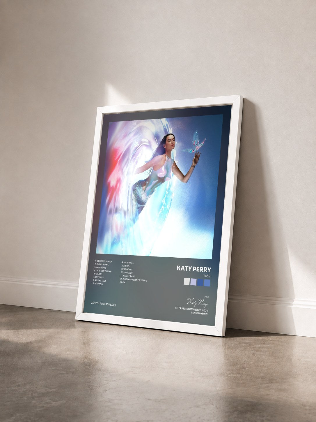#blanc Tableau de l'album 1432 de Katy Perry vu de trois quarts, cadre blanc