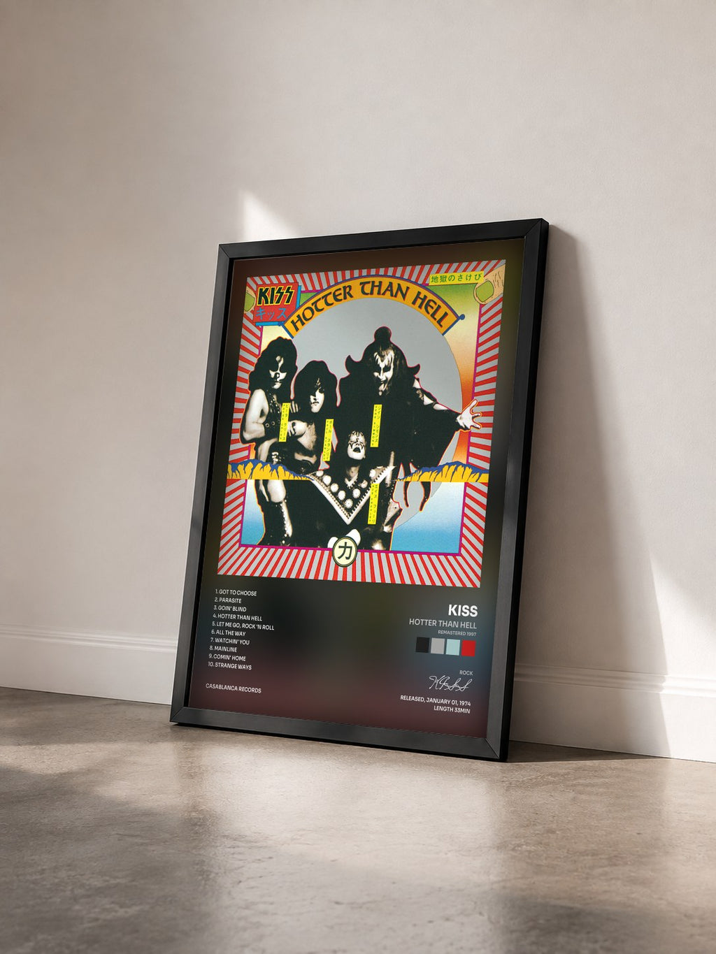 #noir Tableau de l'album Hotter Than Hell (Remastered 1997) de KISS vu de trois quarts, cadre noir