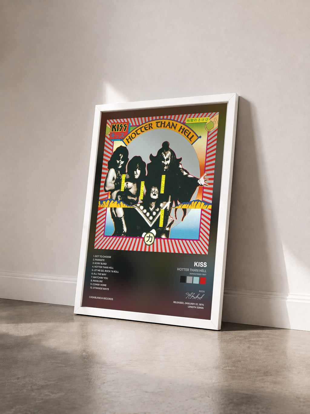 #blanc Tableau de l'album Hotter Than Hell (Remastered 1997) de KISS vu de trois quarts, cadre blanc
