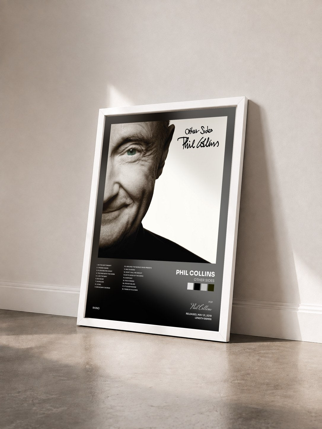 #blanc Tableau de l'album Other Sides de Phil Collins vu de trois quarts, cadre blanc
