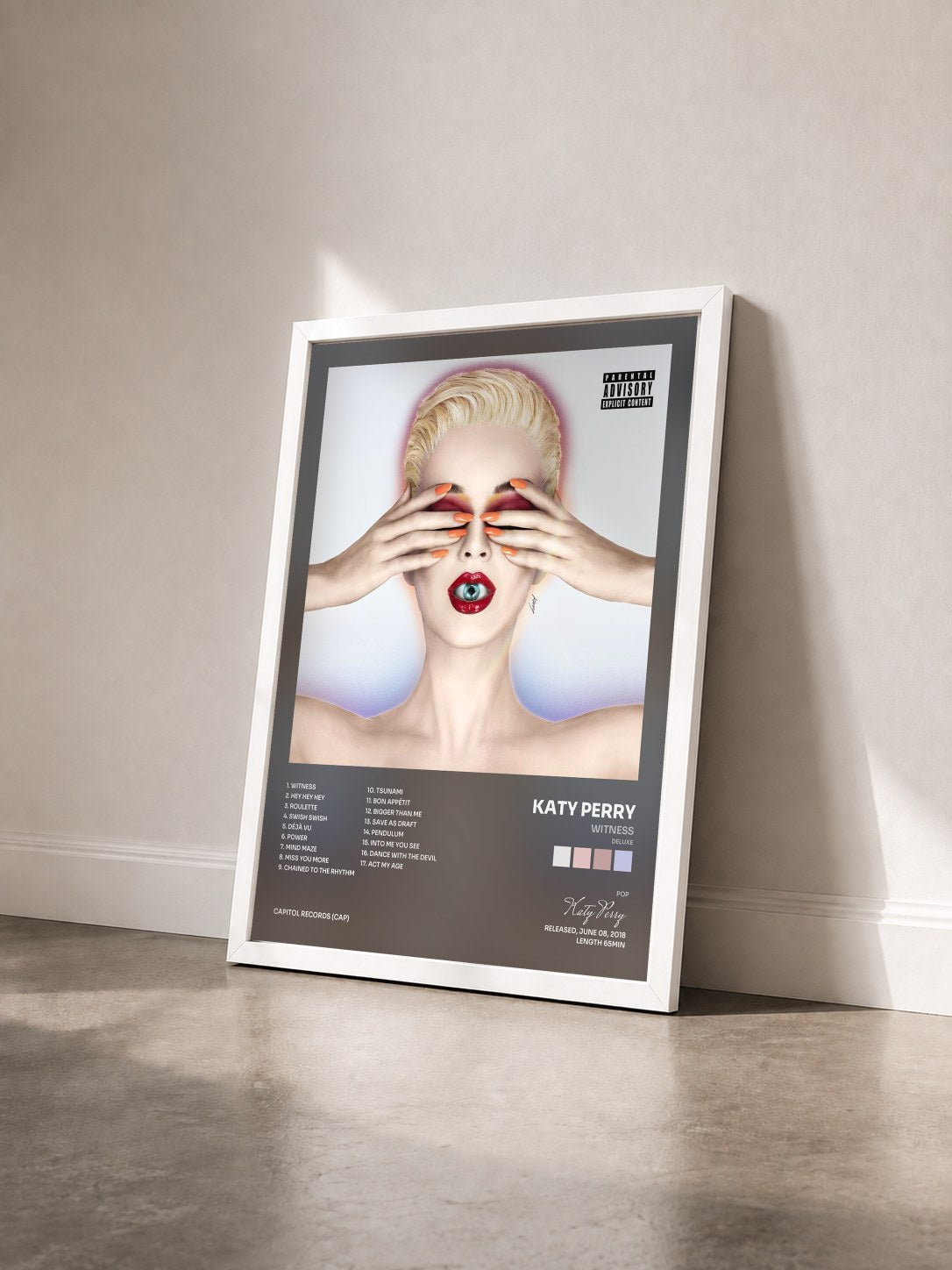 #blanc Tableau de l'album Witness (Deluxe) de Katy Perry vu de trois quarts, cadre blanc