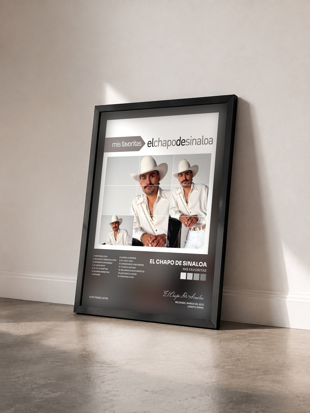 #noir Tableau de l'album Mis Favoritas de El Chapo De Sinaloa vu de trois quarts, cadre noir