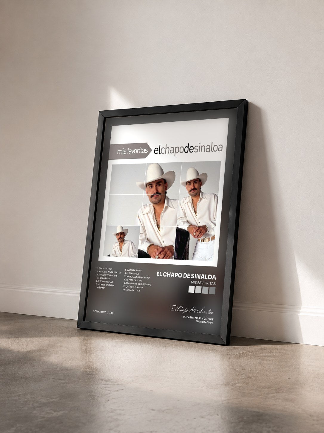 #noir Tableau de l'album Mis Favoritas de El Chapo De Sinaloa vu de trois quarts, cadre noir