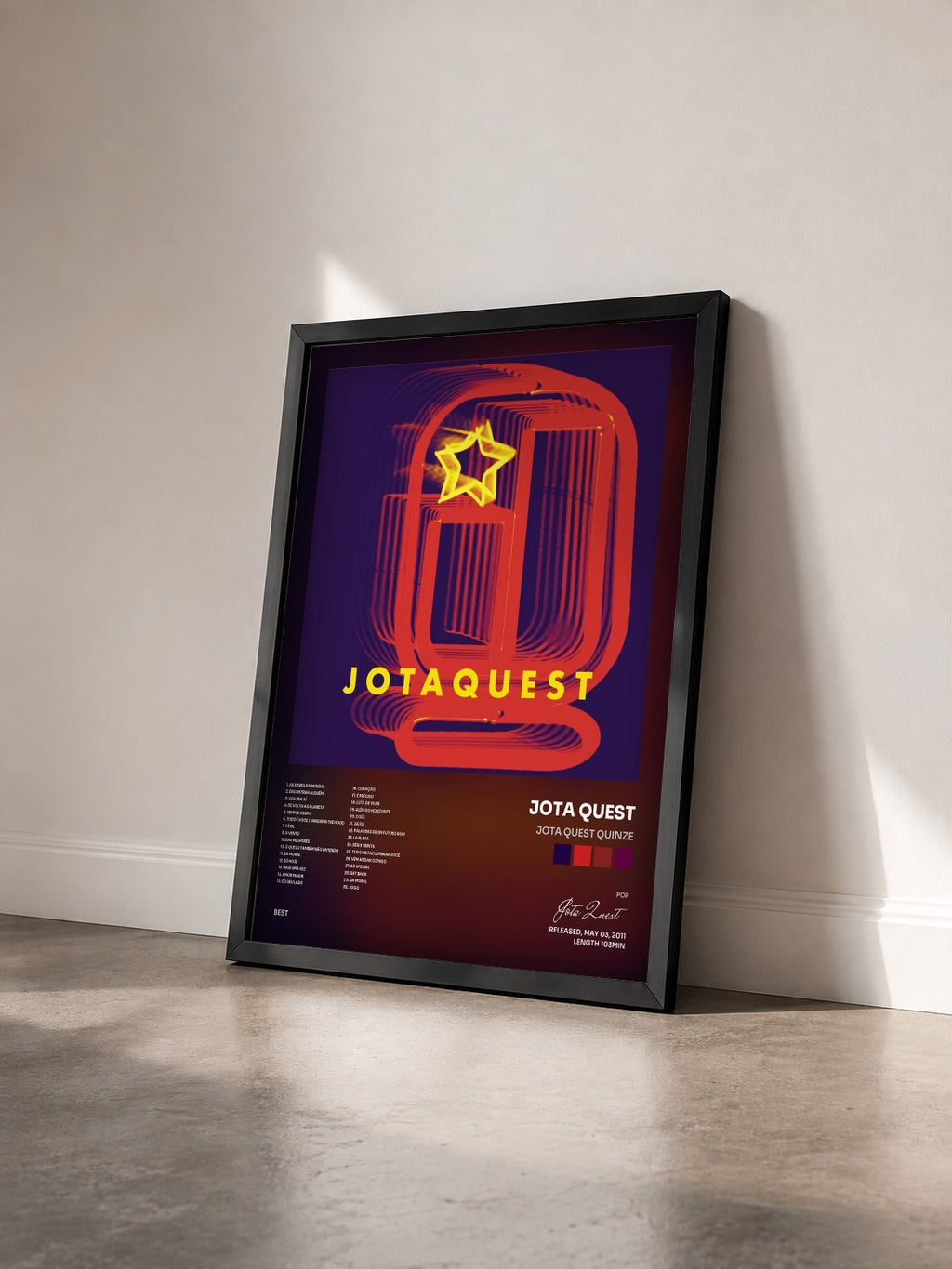 #noir Tableau de l'album Jota Quest Quinze de Jota Quest vu de trois quarts, cadre noir