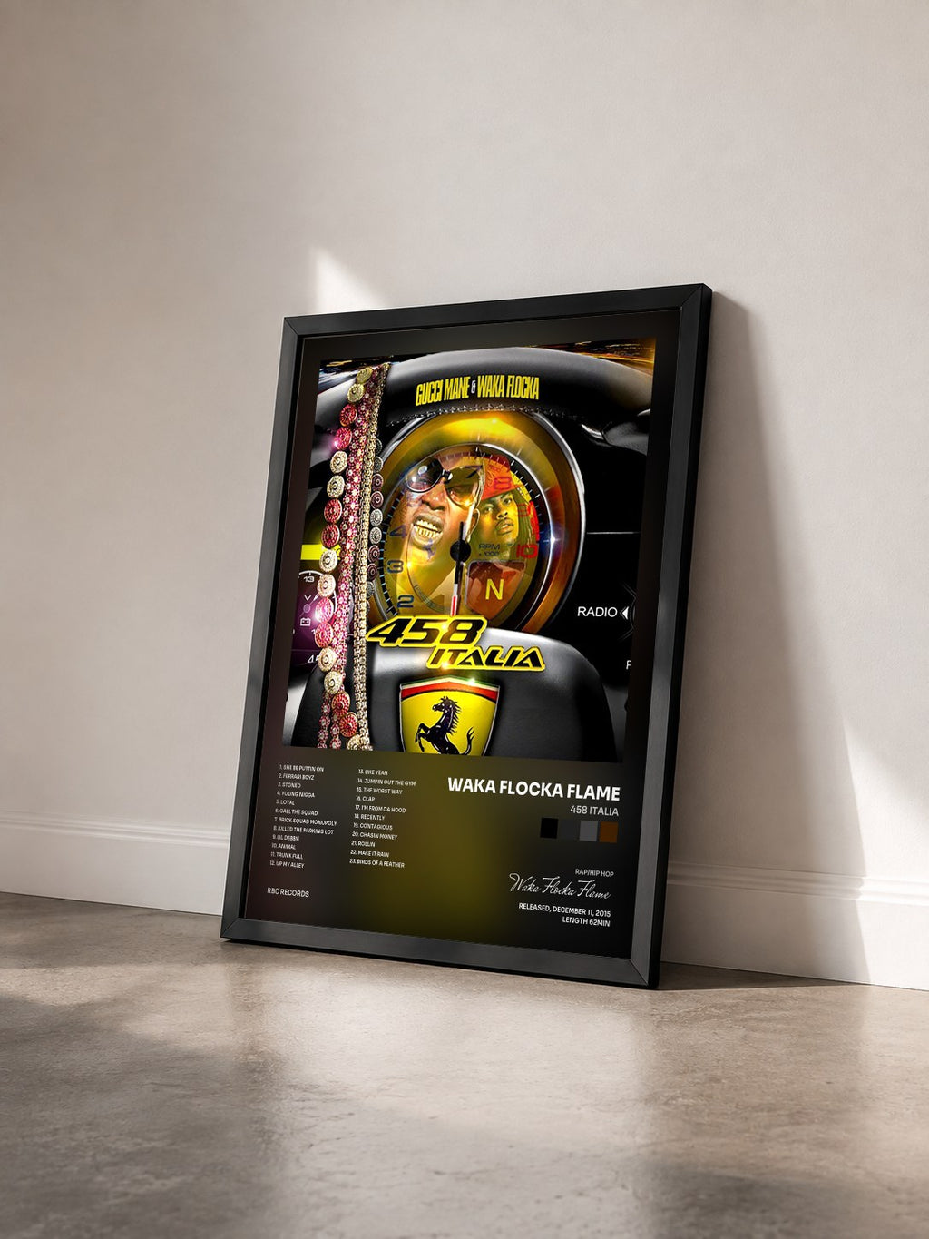 #noir Tableau de l'album 458 Italia de Waka Flocka Flame vu de trois quarts, cadre noir