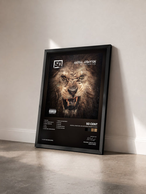 #noir Tableau de l'album Animal Ambition: An Untamed Desire To Win de 50 Cent vu de trois quarts, cadre noir