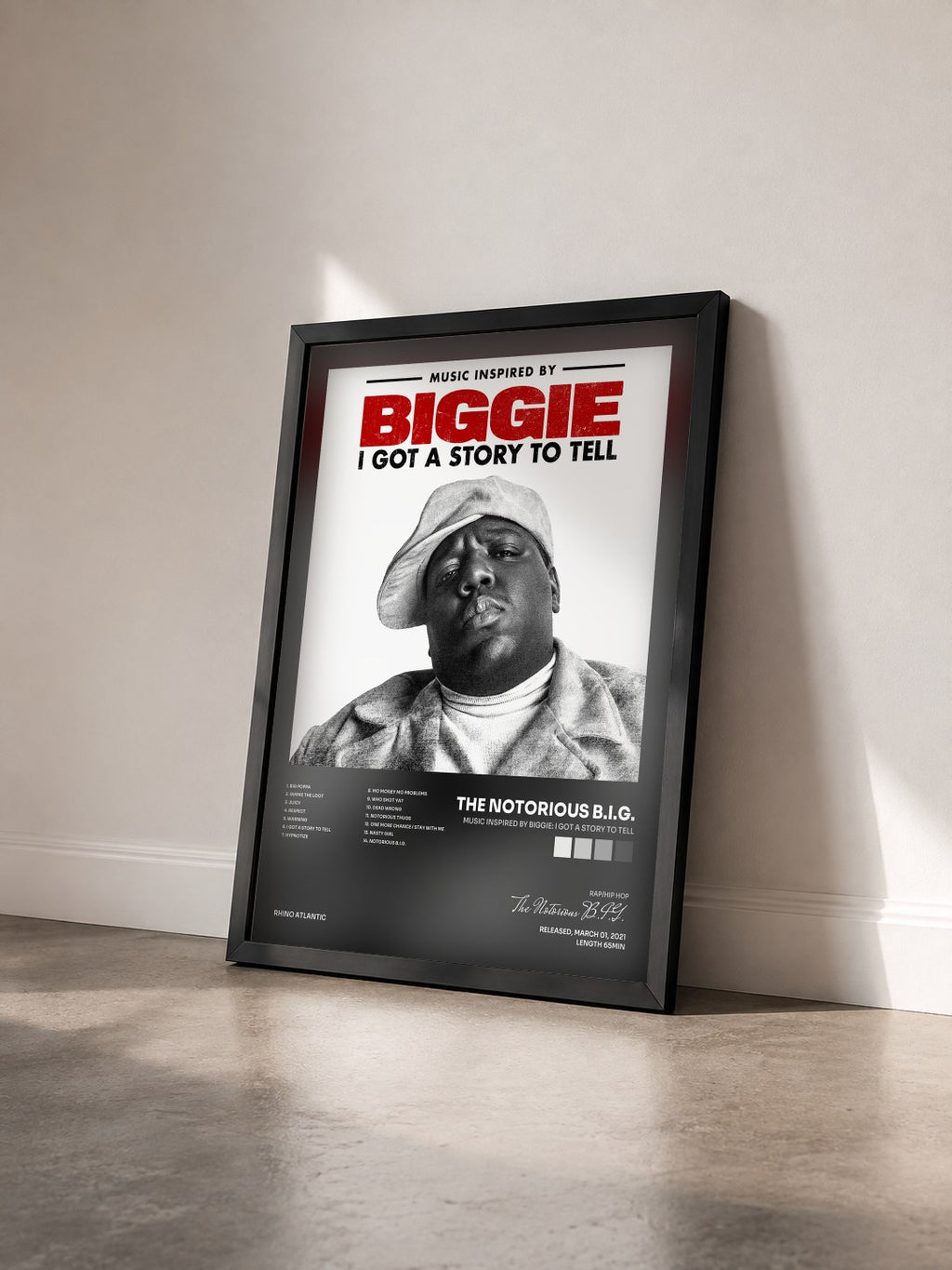 #noir Tableau de l'album Music Inspired By Biggie: I Got A Story To Tell de The Notorious B.I.G. vu de trois quarts, cadre noir