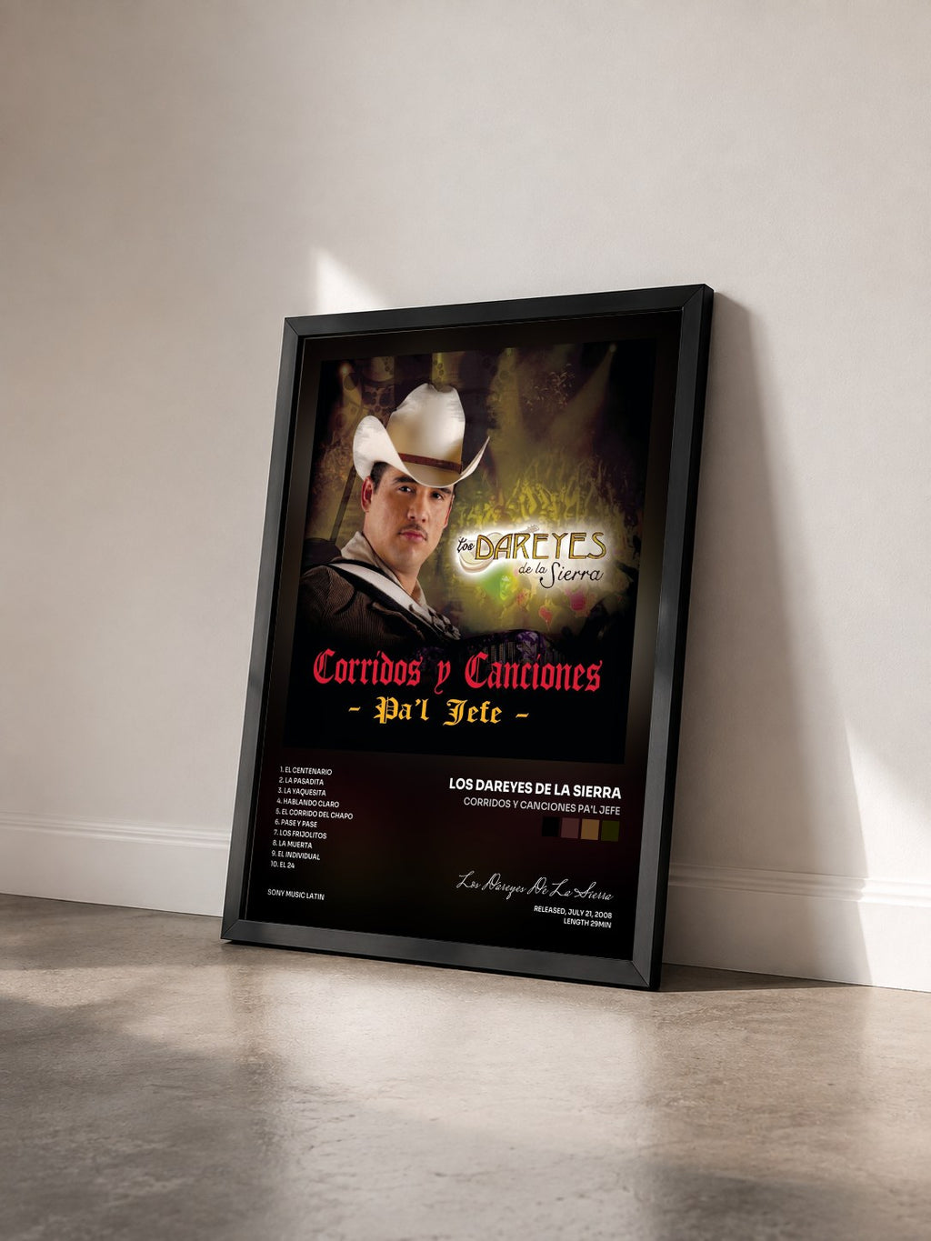 #noir Tableau de l'album Corridos Y Canciones Pa'l Jefe de Los Dareyes De La Sierra vu de trois quarts, cadre noir