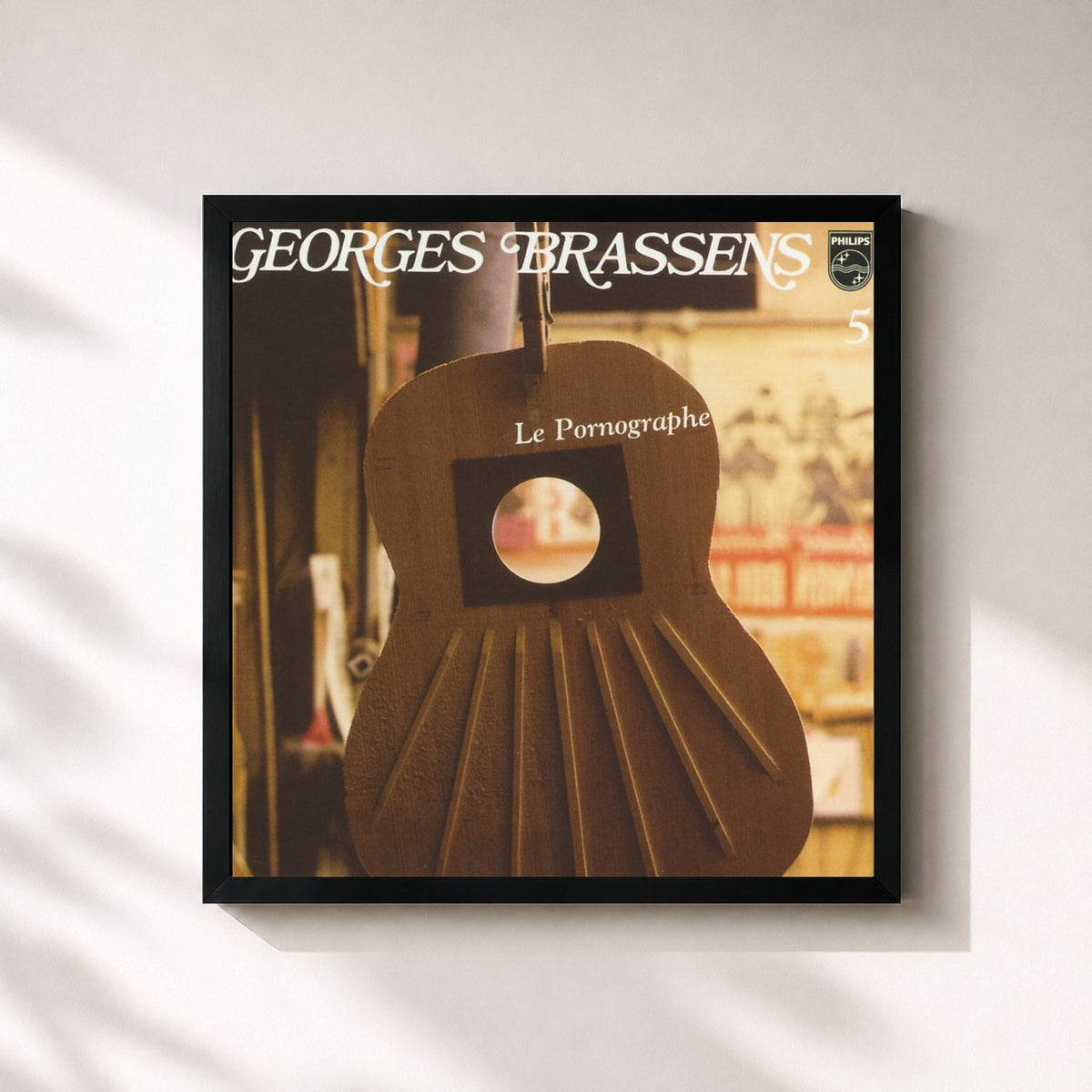 #noir Tableau carré de l'album Le Pornographe-Vol 5 de Georges Brassens, cadre noir 32x32 cm