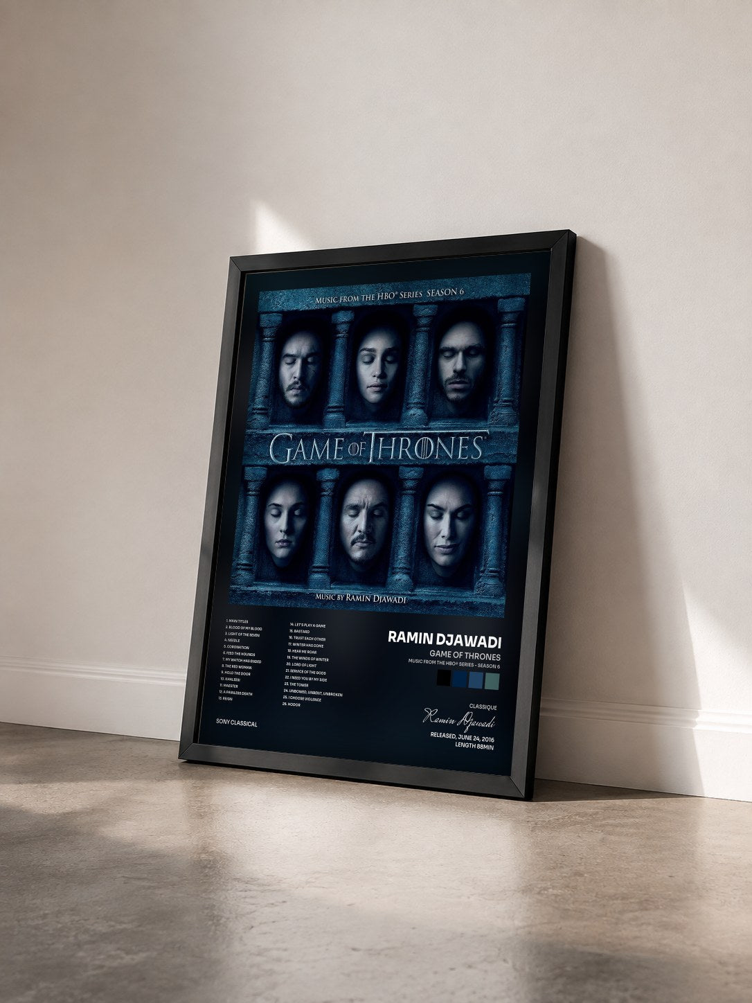 #noir Game of Thrones (Music from the HBO® Series - Season 6) de Ramin Djawadi en lámina enmarcada vista de tres cuartos, marco negro
