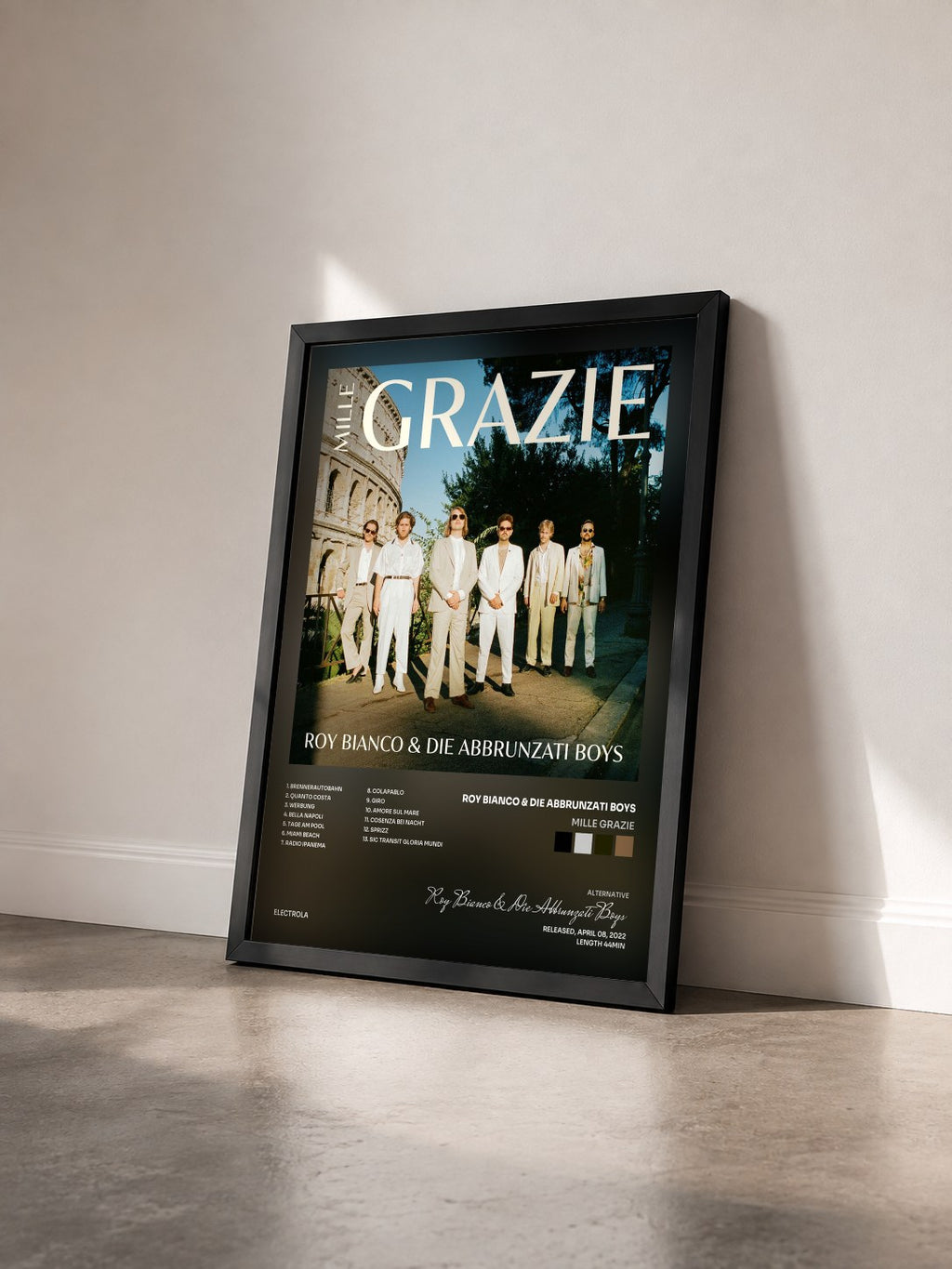 #noir Tableau de l'album Mille Grazie de Roy Bianco & Die Abbrunzati Boys vu de trois quarts, cadre noir