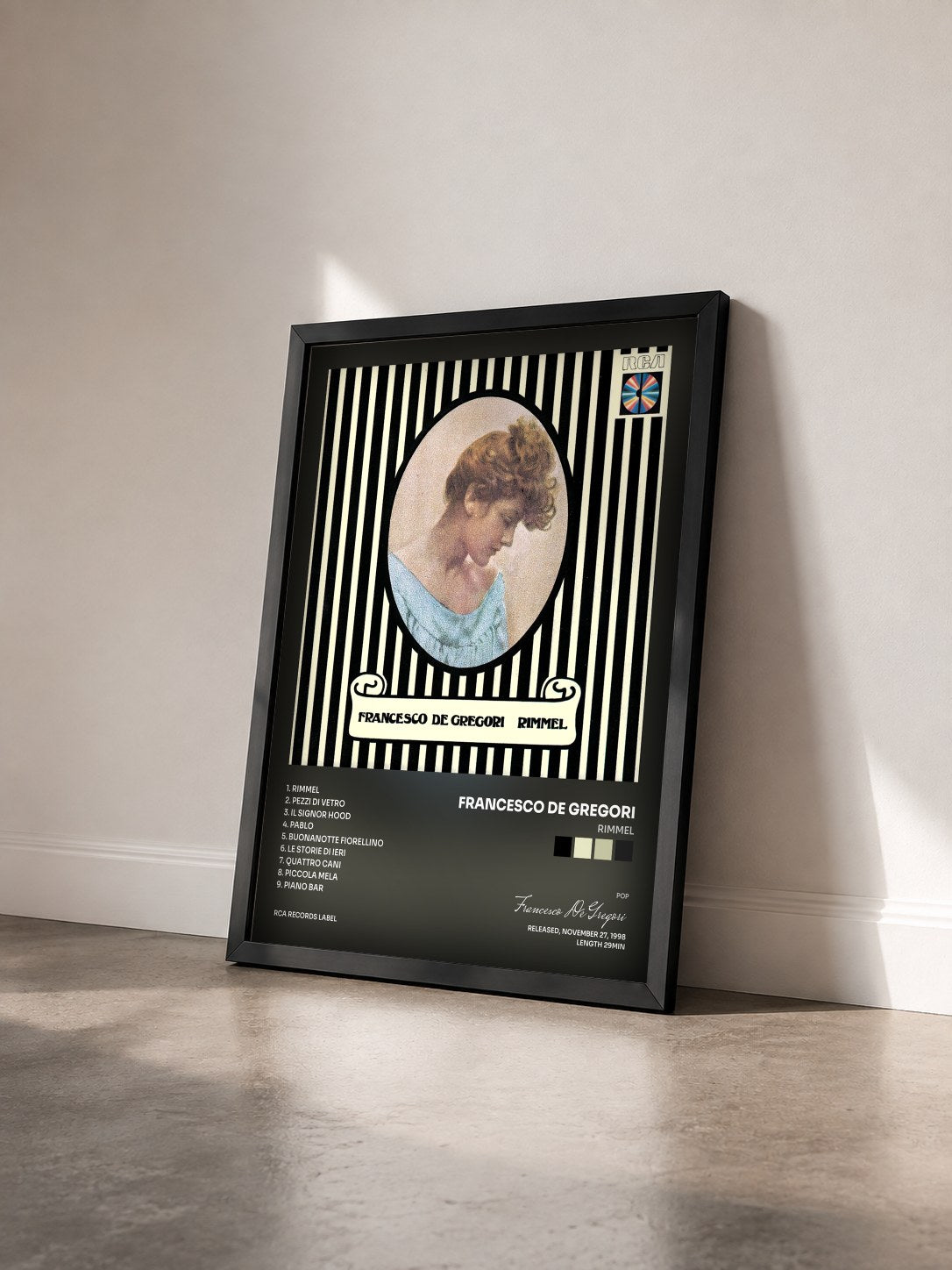 #noir Tableau de l'album Rimmel de Francesco De Gregori vu de trois quarts, cadre noir