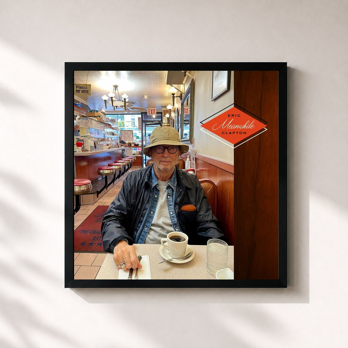 #noir Tableau carré de l'album Meanwhile de Eric Clapton, cadre noir 32x32 cm