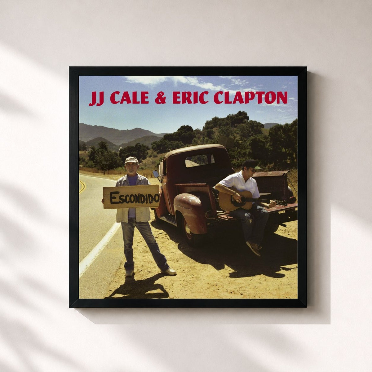 #noir Tableau carré de l'album The Road to Escondido de Eric Clapton, cadre noir 32x32 cm
