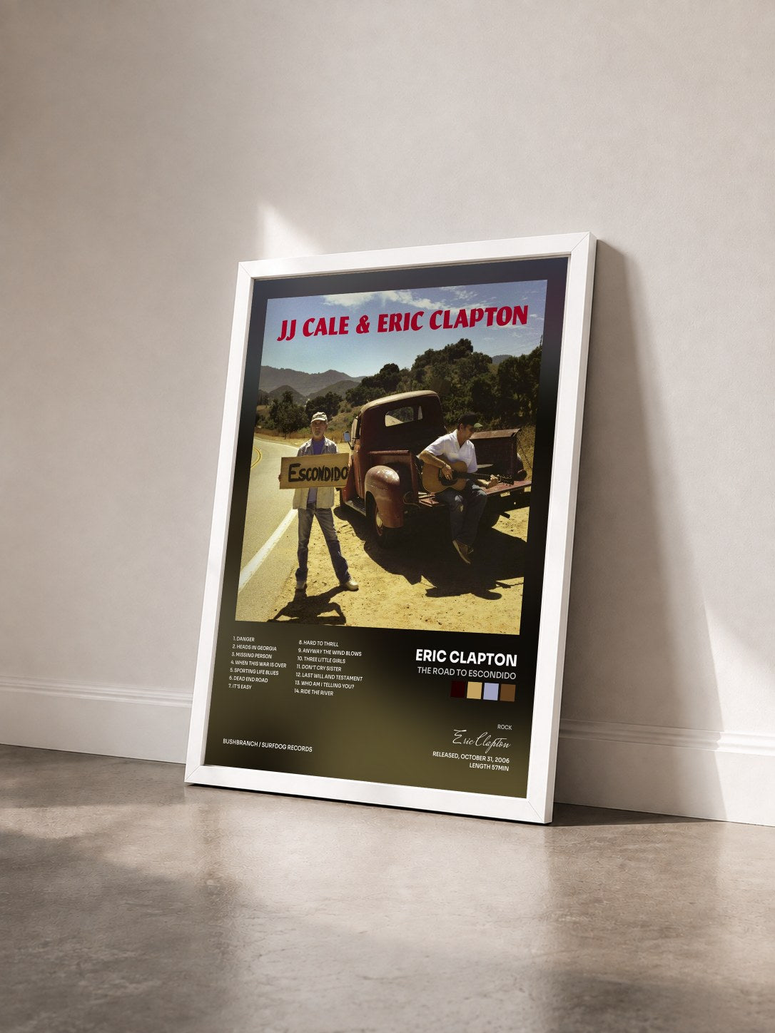 #blanc Tableau de l'album The Road to Escondido de Eric Clapton vu de trois quarts, cadre blanc