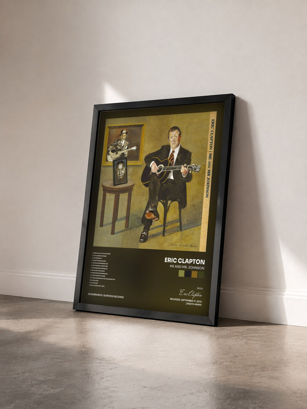 #noir Me and Mr. Johnson di Eric Clapton in stampa incorniciata vista di tre quarti, cornice nera