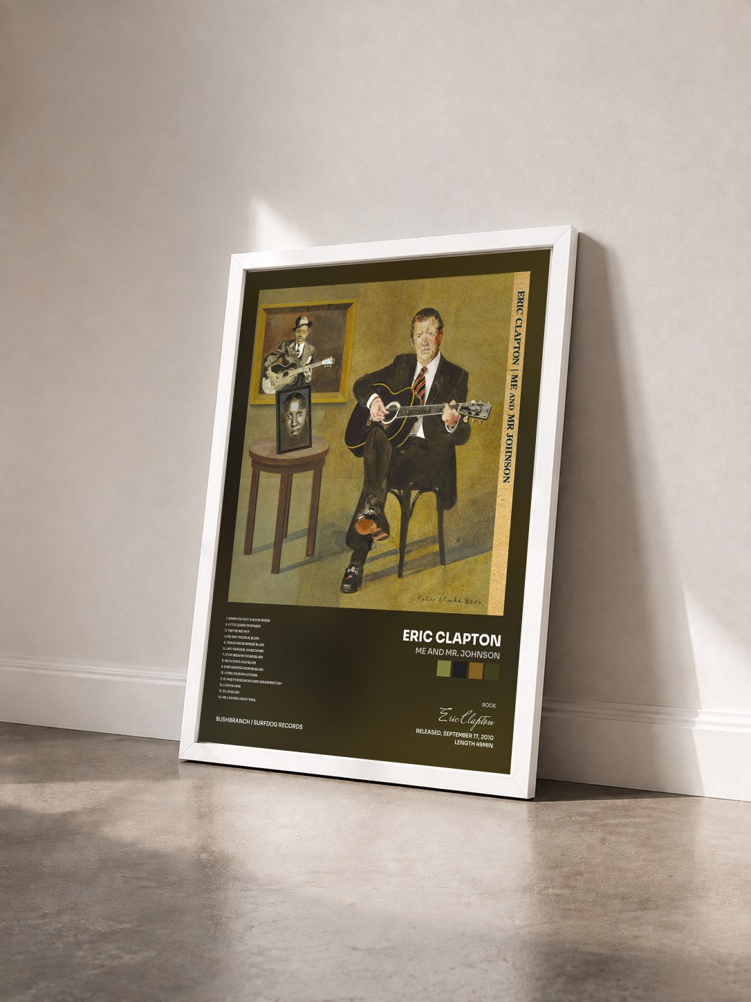 #blanc Tableau de l'album Me and Mr. Johnson de Eric Clapton vu de trois quarts, cadre blanc