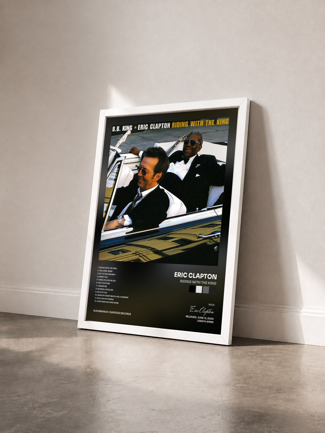 #blanc Tableau de l'album Riding With The King de Eric Clapton vu de trois quarts, cadre blanc