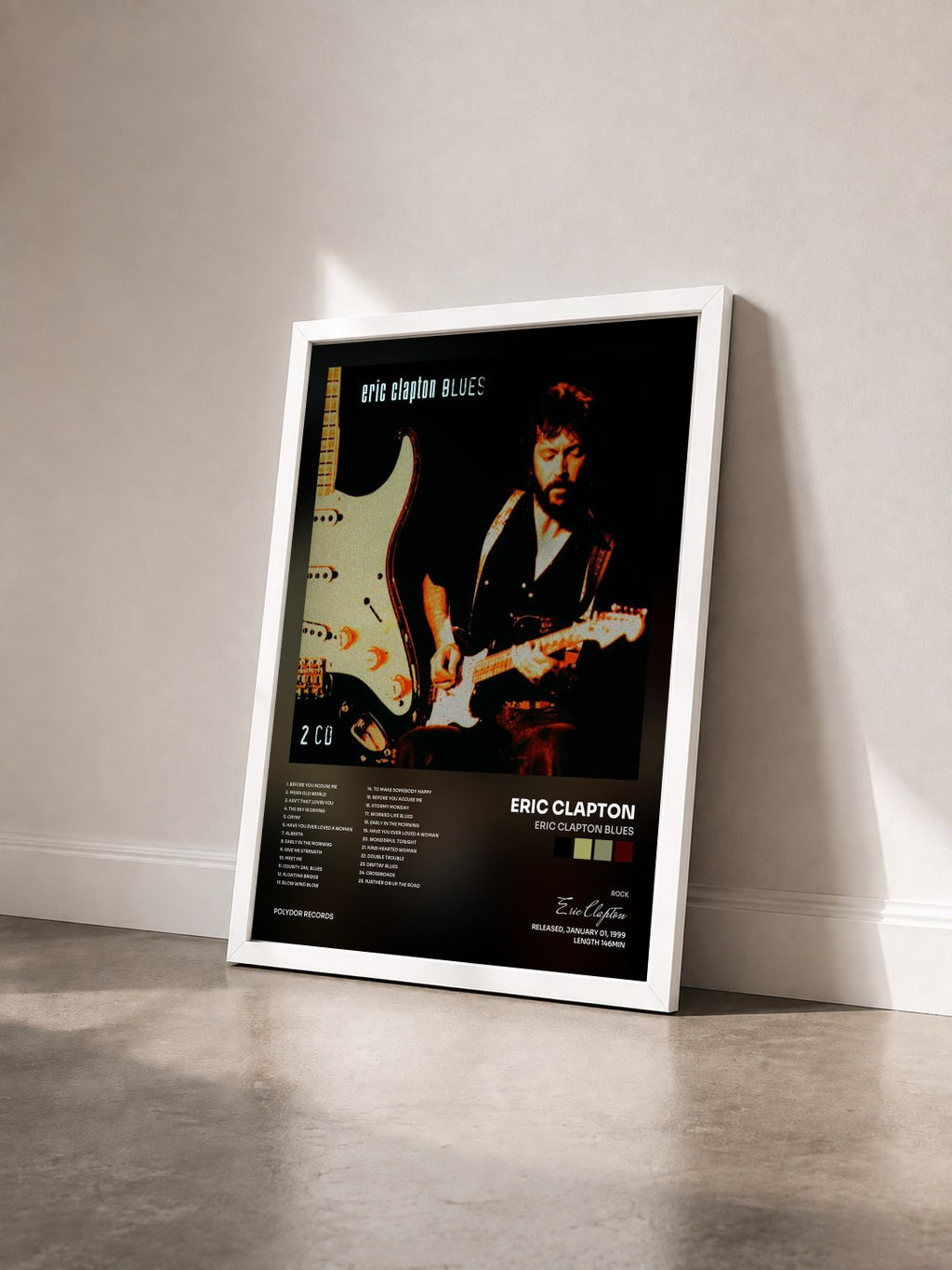 #blanc Eric Clapton Blues di Eric Clapton in stampa incorniciata vista di tre quarti, cornice bianca