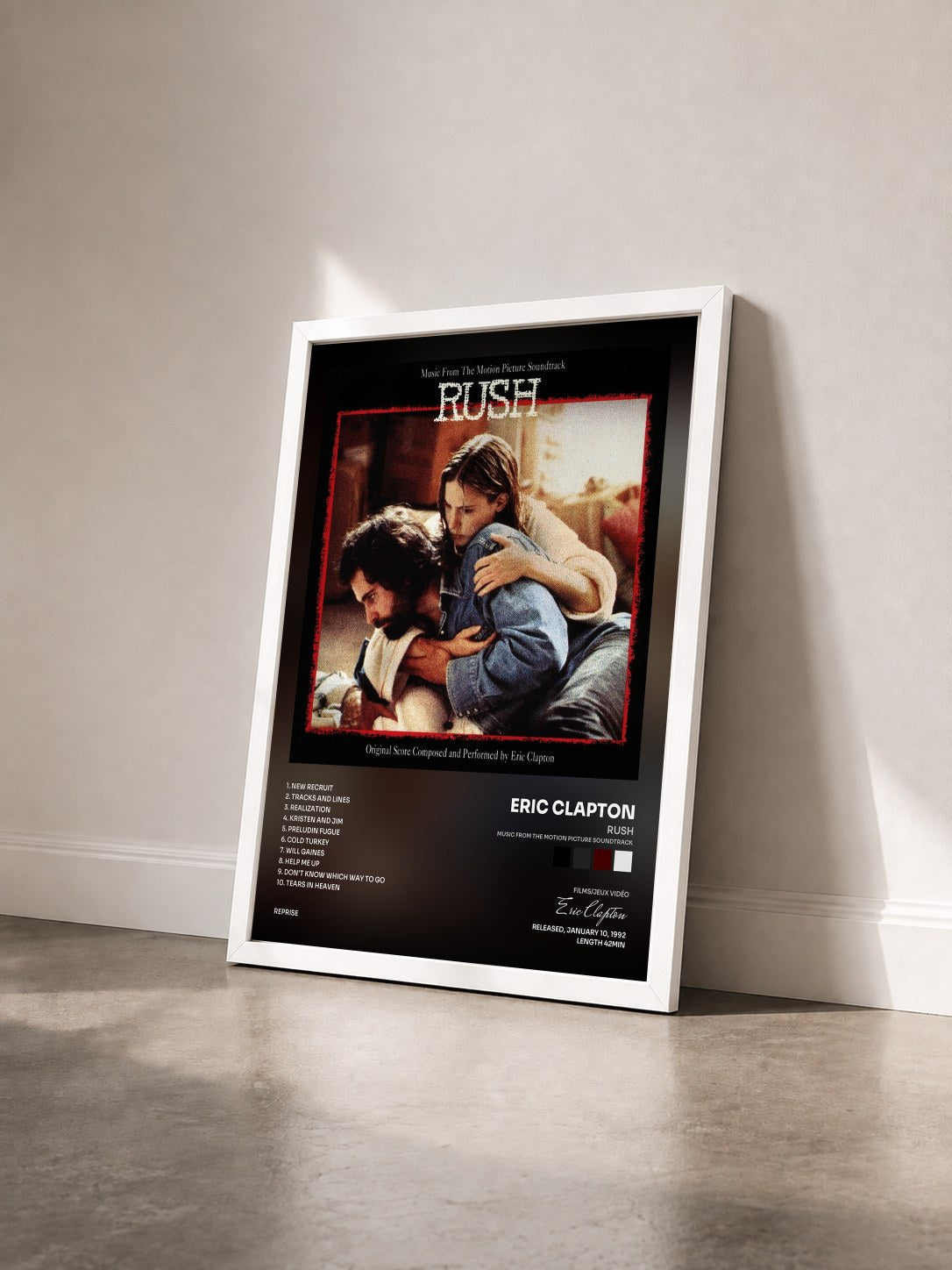 #blanc Rush (Music from the Motion Picture Soundtrack) di Eric Clapton in stampa incorniciata vista di tre quarti, cornice bianca