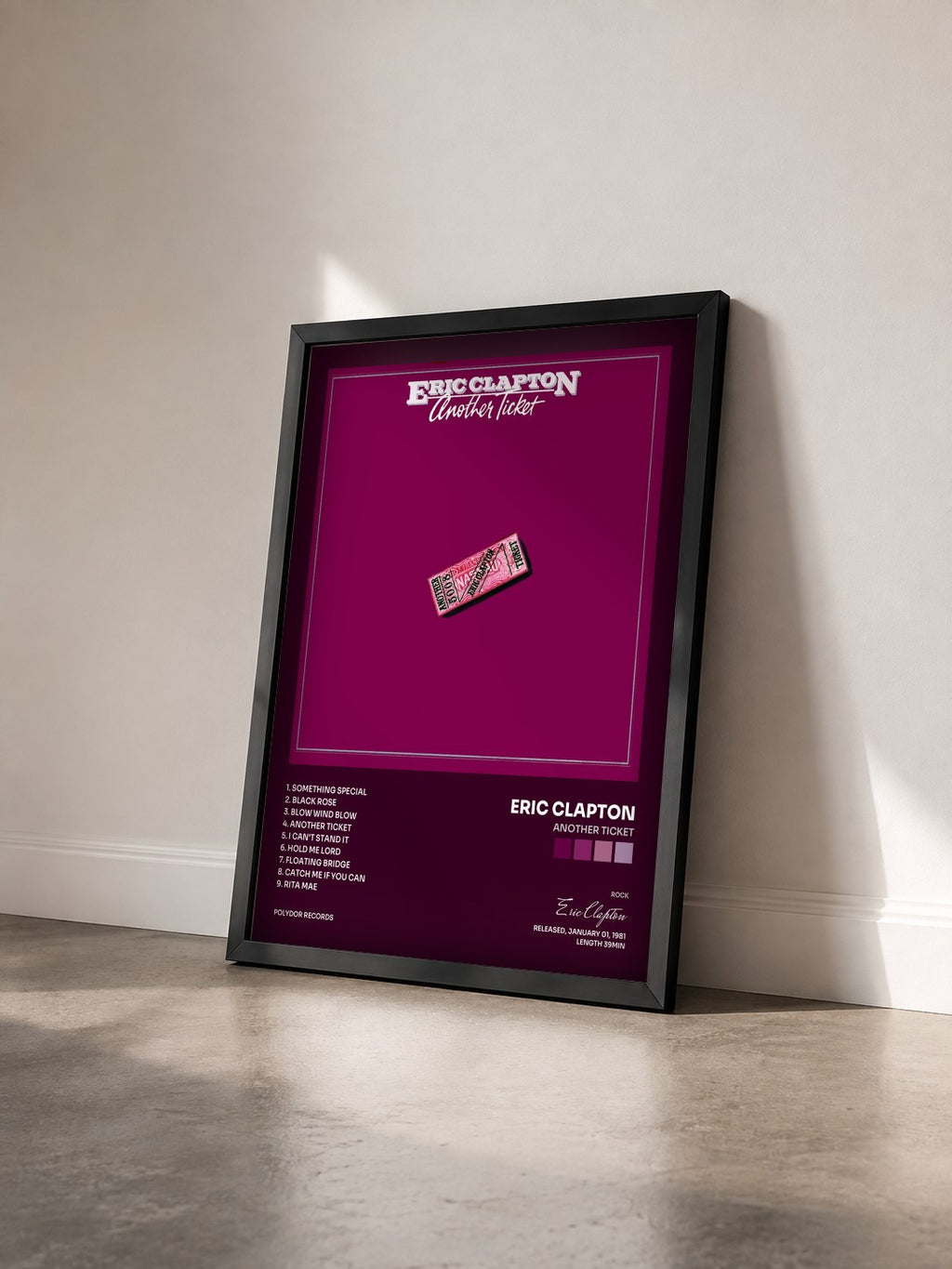 #noir Another Ticket di Eric Clapton in stampa incorniciata vista di tre quarti, cornice nera