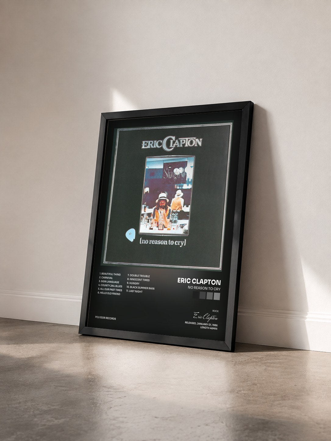 #noir No Reason To Cry di Eric Clapton in stampa incorniciata vista di tre quarti, cornice nera