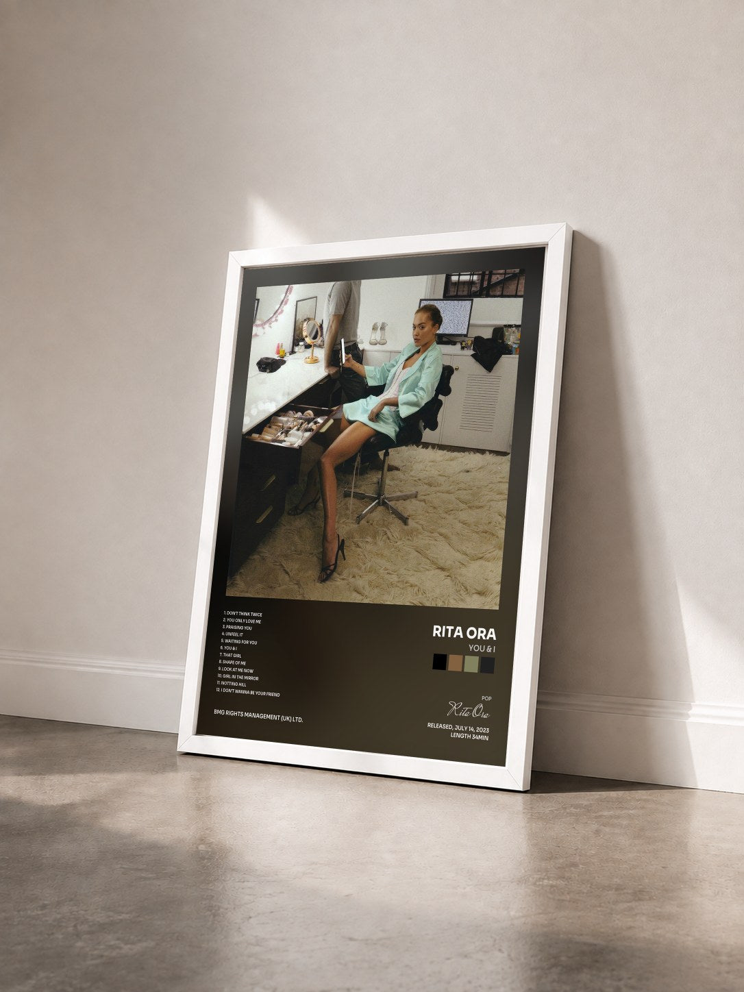 #blanc You & I by Rita Ora as a framed art print seen at an angle, white frame