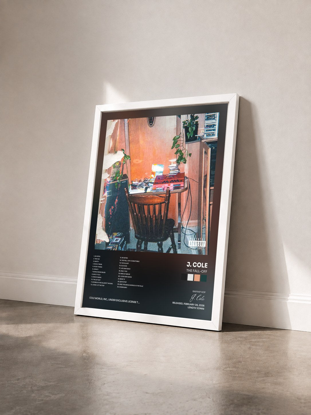 #blanc Tableau de l'album The Fall-Off de J. Cole vu de trois quarts, cadre blanc