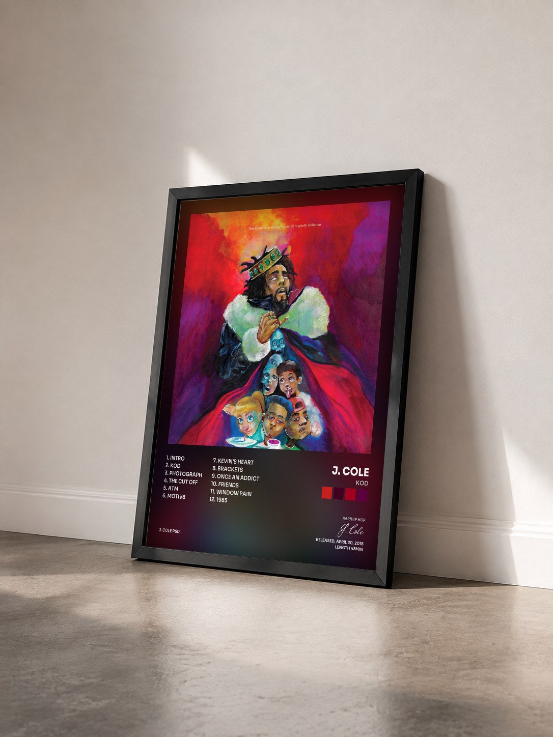 #noir Tableau de l'album KOD de J. Cole vu de trois quarts, cadre noir