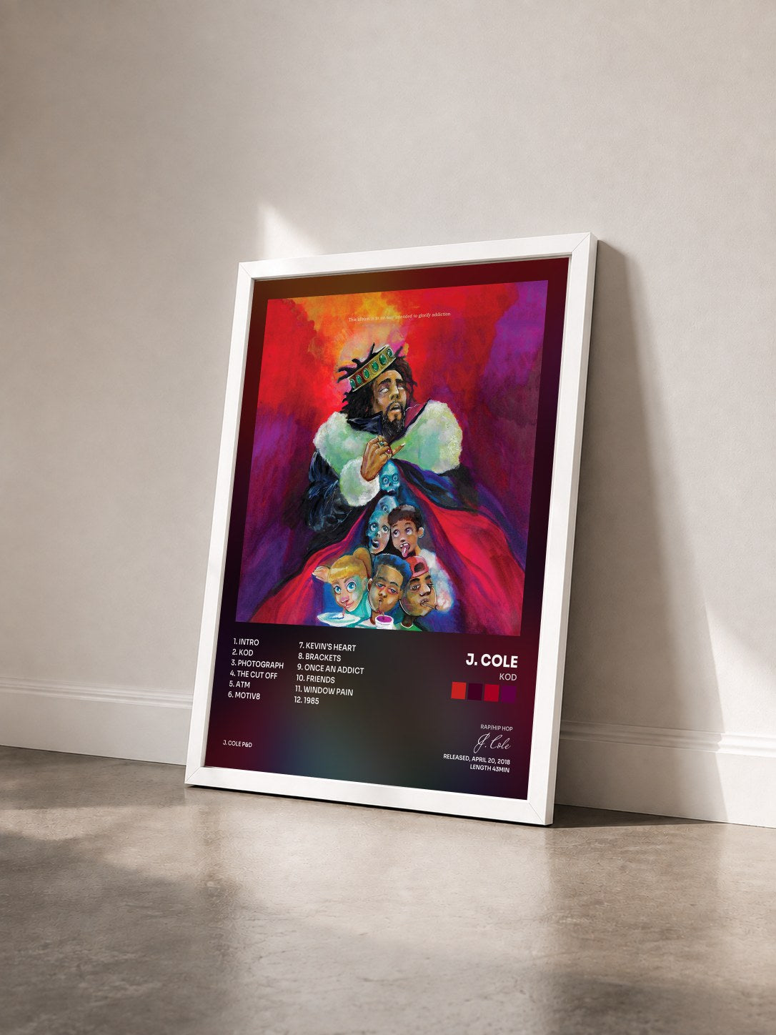 #blanc Tableau de l'album KOD de J. Cole vu de trois quarts, cadre blanc