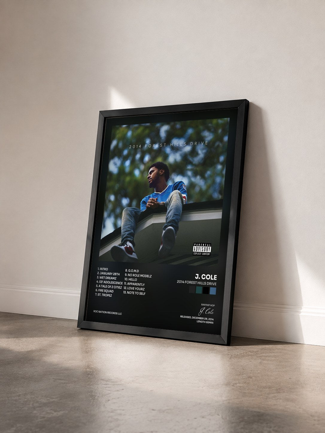 #noir Tableau de l'album 2014 Forest Hills Drive de J. Cole vu de trois quarts, cadre noir