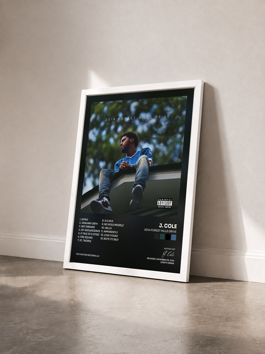 #blanc Tableau de l'album 2014 Forest Hills Drive de J. Cole vu de trois quarts, cadre blanc
