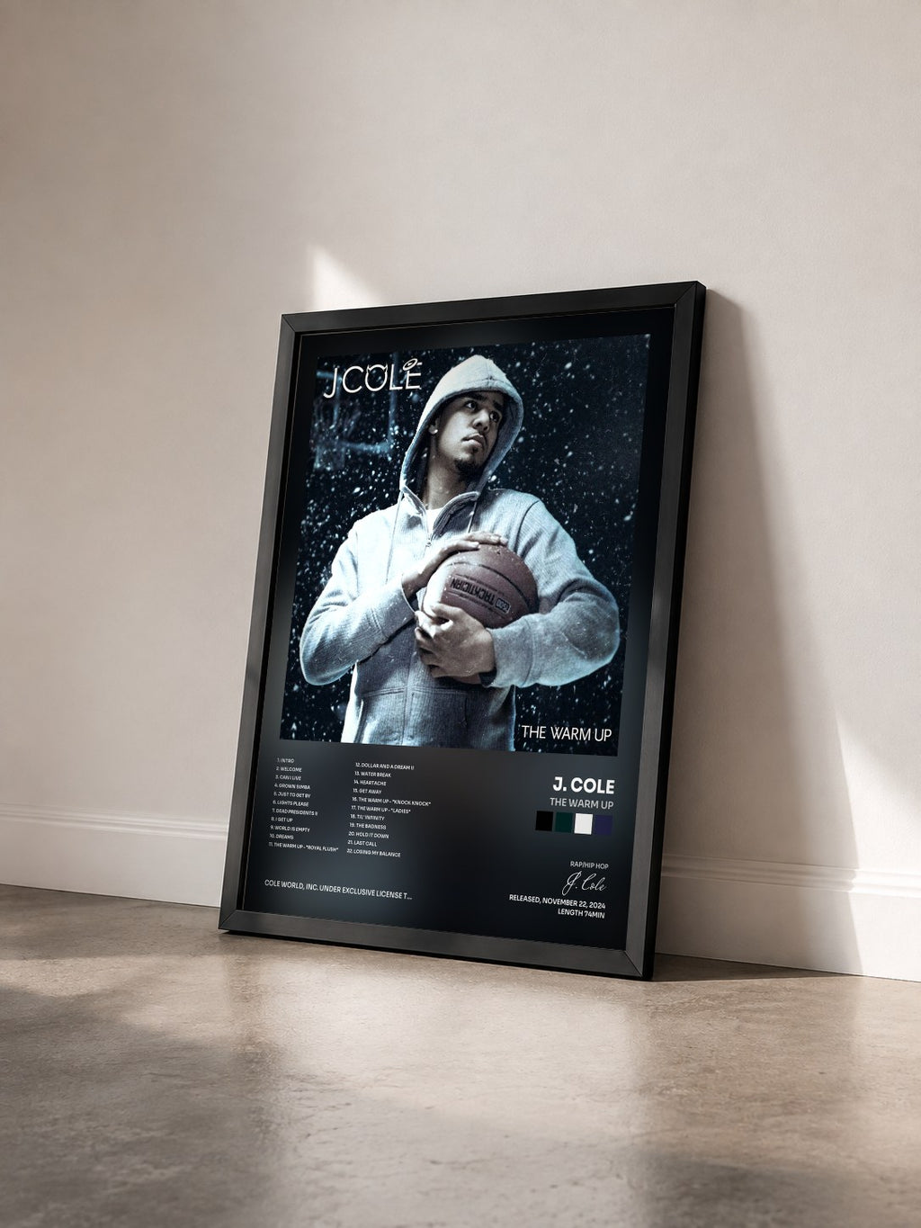 #noir The Warm Up by J. Cole as a framed art print seen at an angle, black frame