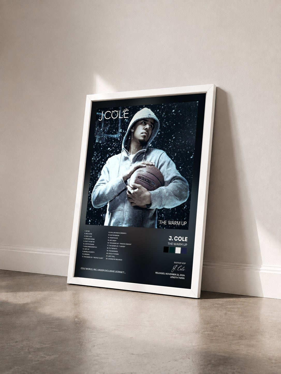 #blanc Tableau de l'album The Warm Up de J. Cole vu de trois quarts, cadre blanc