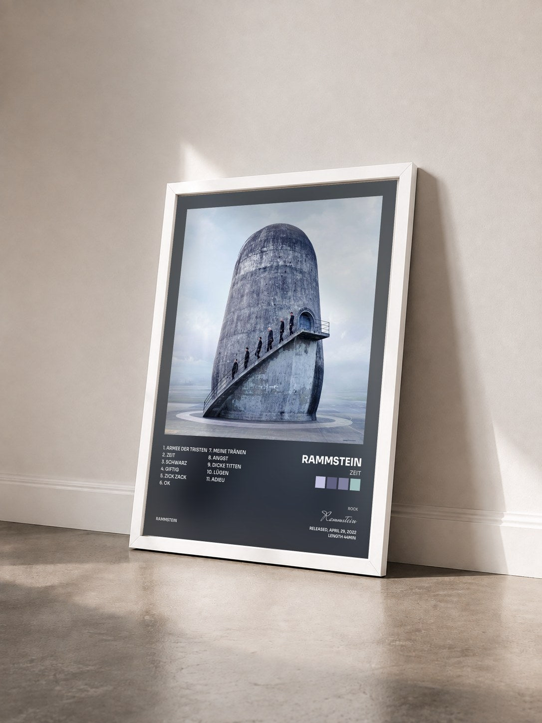 #blanc Zeit by Rammstein as a framed art print seen at an angle, white frame