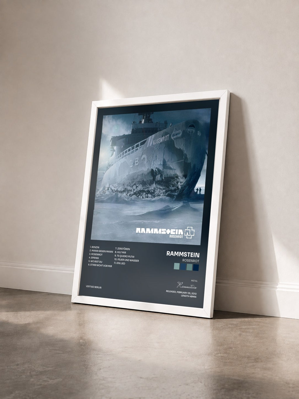 #blanc Rosenrot by Rammstein as a framed art print seen at an angle, white frame
