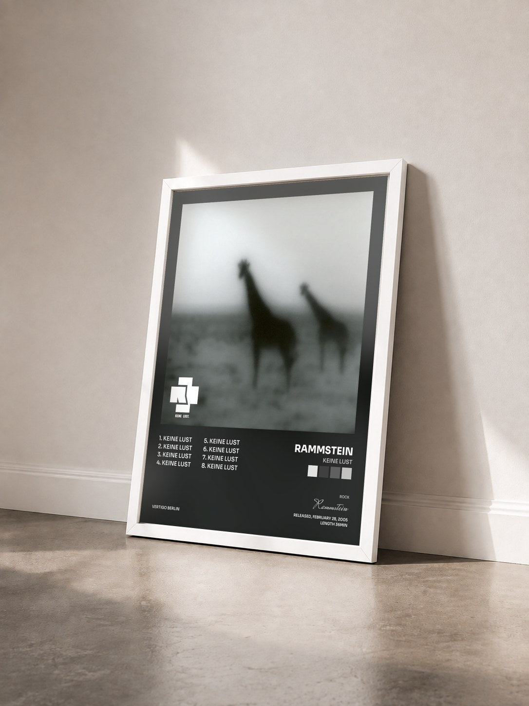 #blanc Keine Lust by Rammstein as a framed art print seen at an angle, white frame
