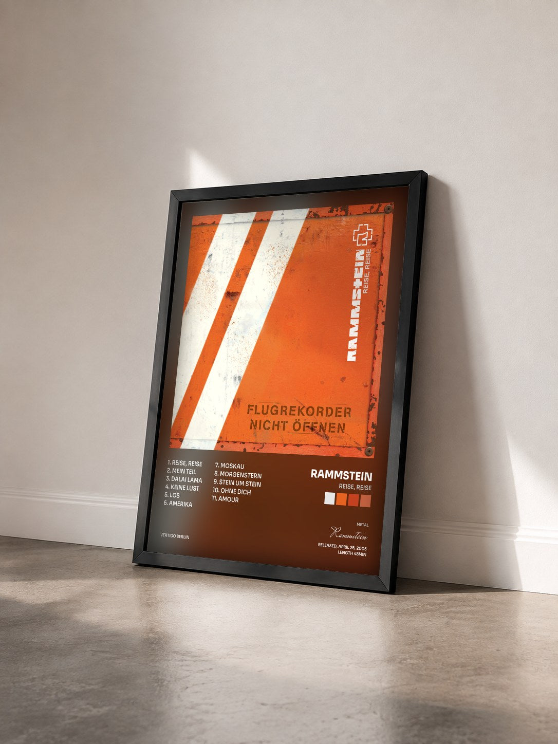 #noir Reise, Reise by Rammstein as a framed art print seen at an angle, black frame