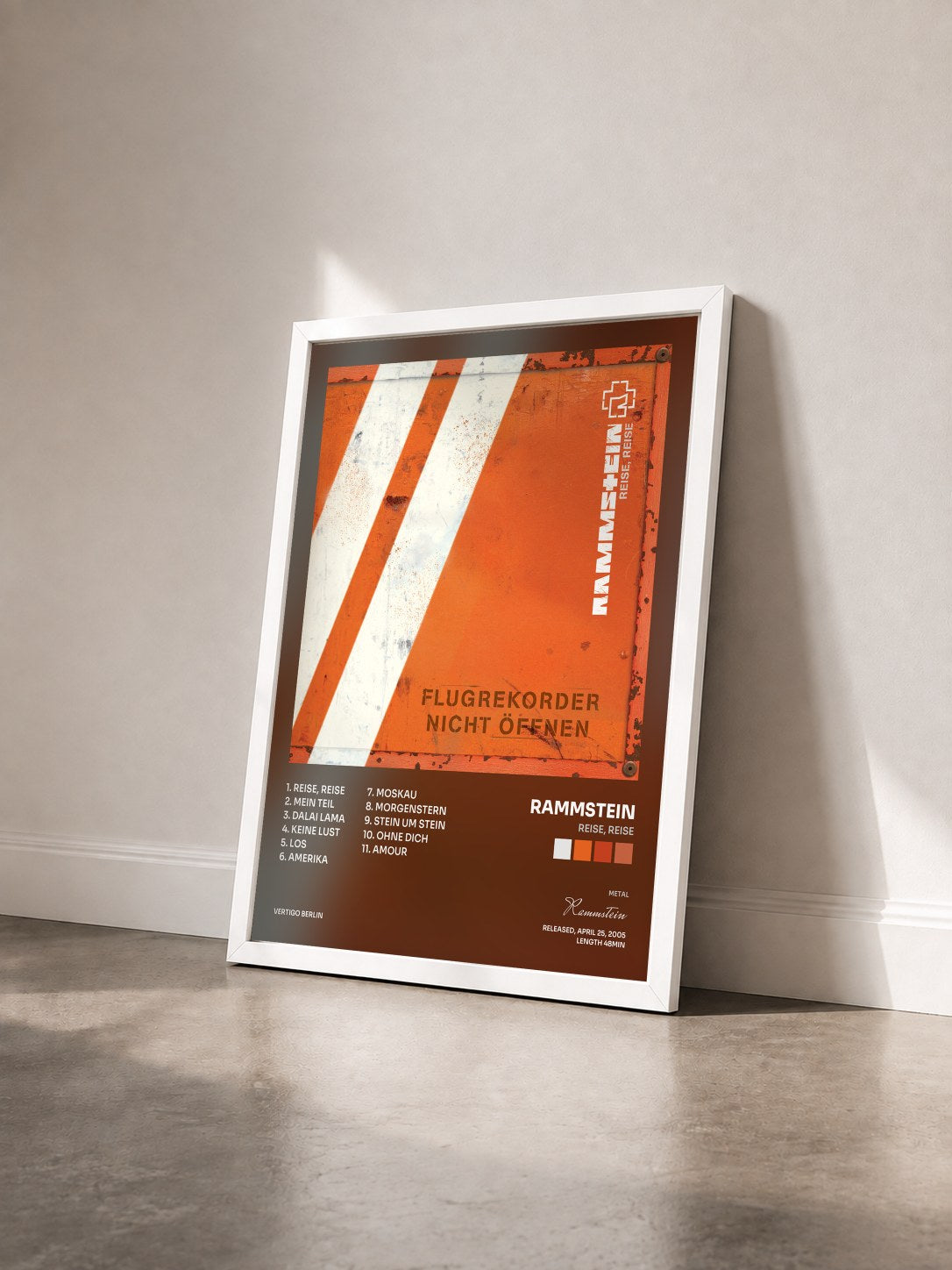 #blanc Reise, Reise by Rammstein as a framed art print seen at an angle, white frame