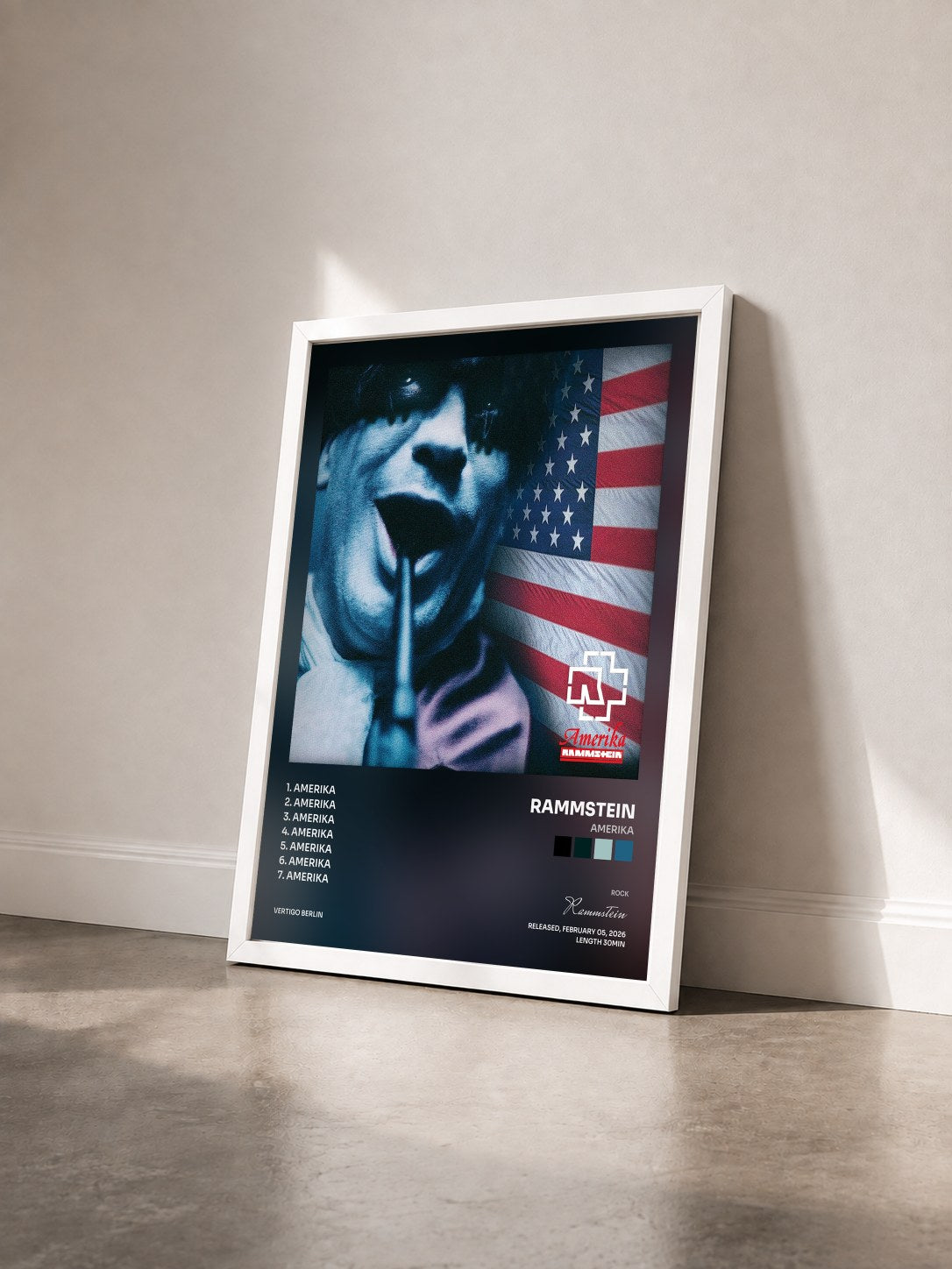 #blanc Amerika by Rammstein as a framed art print seen at an angle, white frame