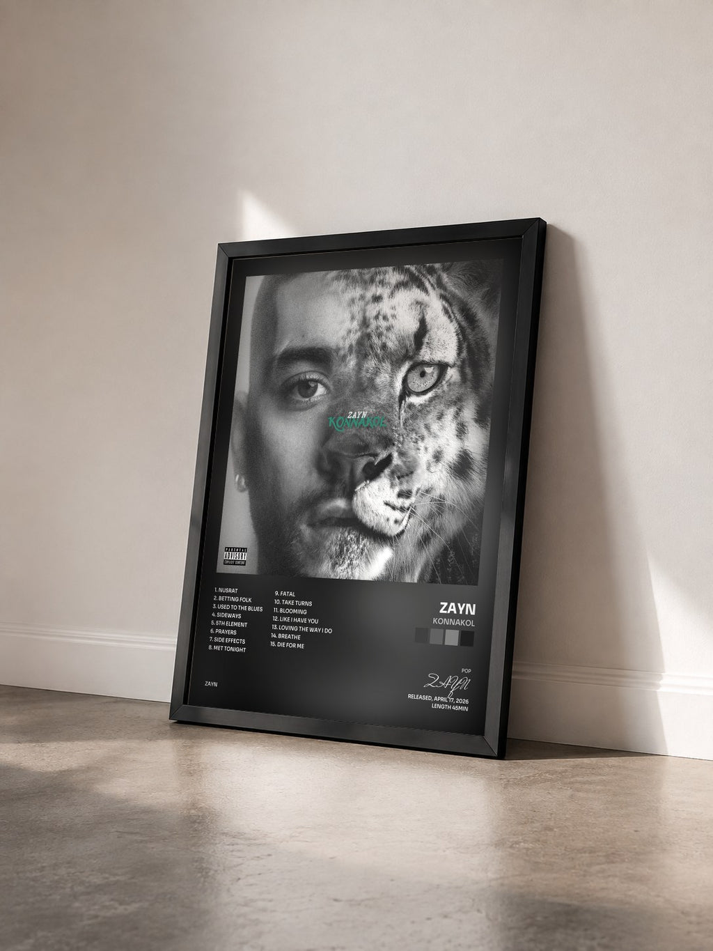 #noir Tableau de l'album KONNAKOL de ZAYN vu de trois quarts, cadre noir