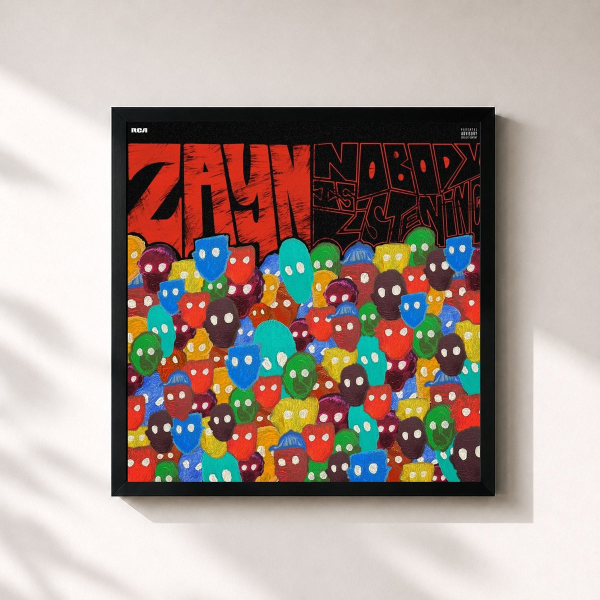 #noir Nobody Is Listening de ZAYN en lámina cuadrada enmarcada, marco negro de 32x32 cm