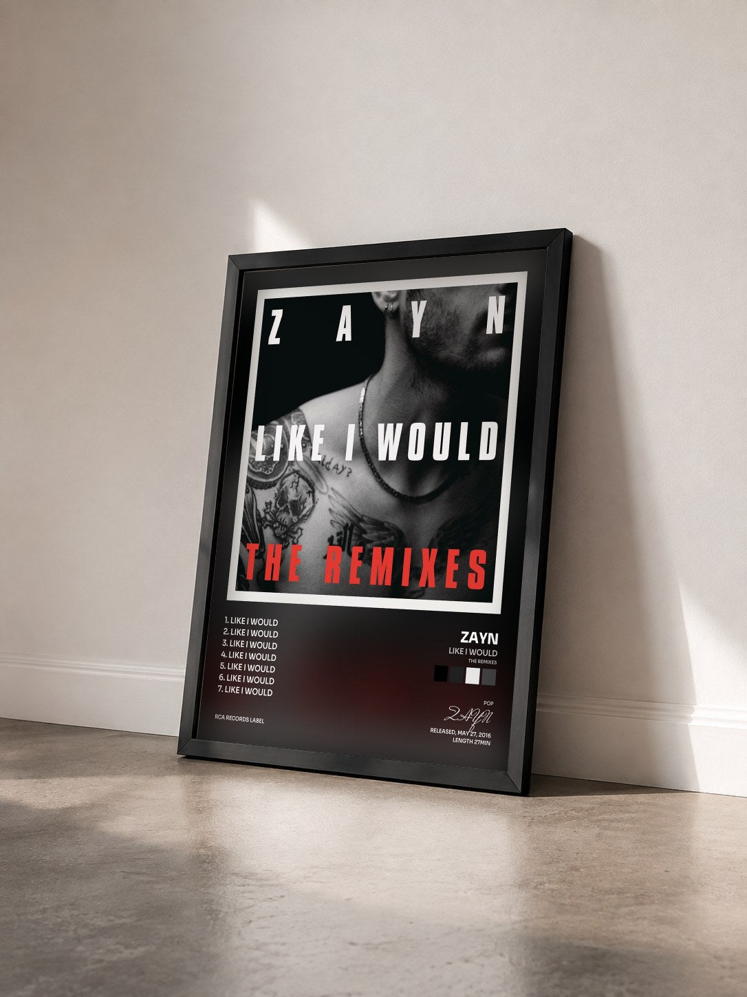 #noir LIKE I WOULD (The Remixes) de ZAYN en lámina enmarcada vista de tres cuartos, marco negro