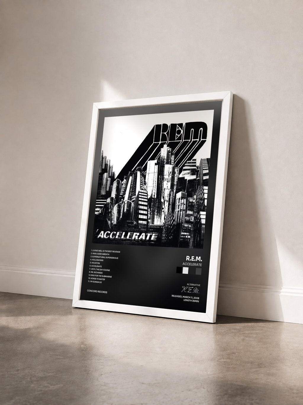 #blanc Accelerate di R.E.M. in stampa incorniciata vista di tre quarti, cornice bianca