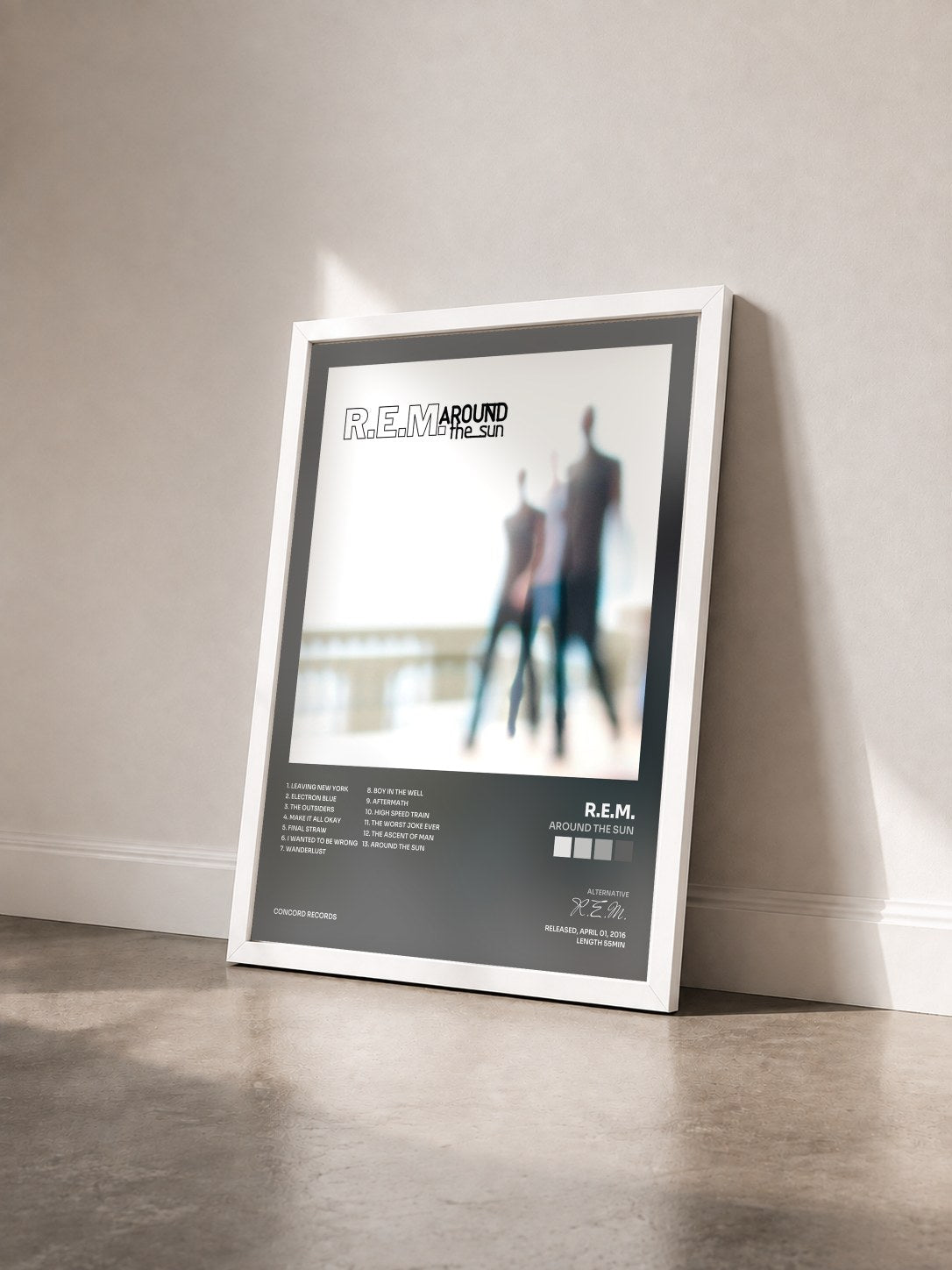 #blanc Tableau de l'album Around The Sun de R.E.M. vu de trois quarts, cadre blanc